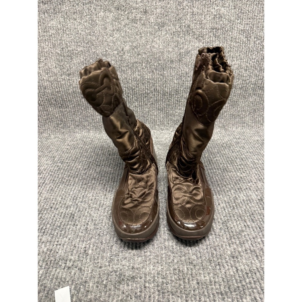 Coach Brown Quilted‎ Signature C Logo Winter Snow Boots Patent Trim Mid Calf
